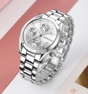 Luxury Quartz Watch Stainless Steel Alloy Case Crystal Diamond-Like Beads Power Reserve Fashionable Bracelet Box