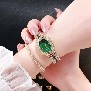 Luxury Quartz Women’s Wrist Watch Bling Diamond Colorful Iced Bracelet Set Square Glass Business Style for Girls Reloj