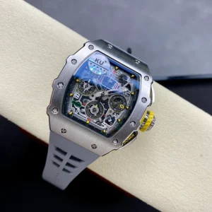Luxury RM11 03 Style Skeleton Flyback Chronograph Automatic Watch Ti Metal Carbon Tonneau Case Rubber Strap Men Sports Watch