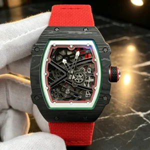 Luxury Red Ultra Thin Carbon Fiber Watch, Barrel Shaped Skeleton Mechanical Watch, Sapphire Crystal Water Resistant