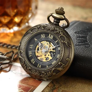 Luxury Retro Golden Hollow Skeleton Mechanical Pocket Watch Steel Exquisite Sculpture Unisex Pocket Watch Gifts