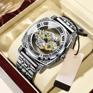 Luxury Skeleton Design Stainless Steel Analog Quartz Watch for Men Wristwatches