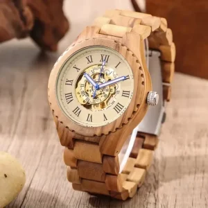Luxury Skeleton Mechanical Automatic Wooden Watch for Men Olive Wood Wrist Montres En Bois Glass Analog Dial