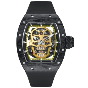 Luxury Skeleton Skull Men’s Mechanical Watch Carbon Fiber Tonneau Case Luminous Hands Rubber Strap with Butterfly Clasp