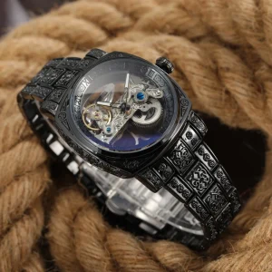 Luxury Skeleton Style Quartz Watch Vintage Gold Carved Men’s Wristwatch Stainless Steel Business Casual Fashion Timepiece