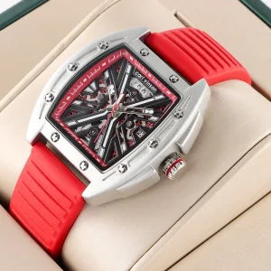 Luxury Skeletonized Mechanical Men’s Watch Stainless Steel Case Leather Strap Analog Dial Waterproof