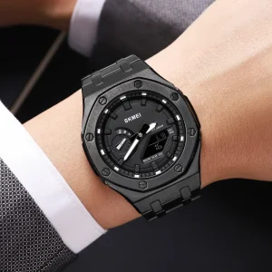 Luxury Sport Analog Digital Stainless Steel Watch for Men 5BAR Waterproof Luminous Alarm Chronograph LED Display