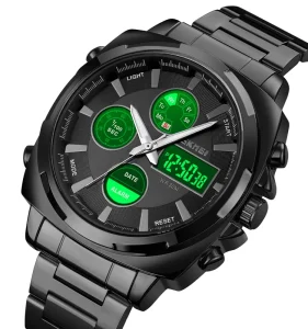 Luxury Sport Analog Digital Watch for Men with Alarm Stainless Steel Band 3BAR Water Resistance