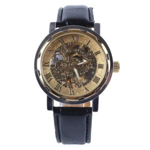 Luxury Sport Leather Band Stainless Steel Men Skeleton Hand Wrist Mechanical Watch with Glass Dial and Pointer