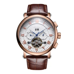 Luxury Sport Mechanical Watch for Men, Water Resistant, Leather Strap, Pointer Dial