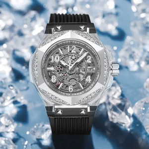 Luxury Sport Men’s Automatic Mechanical Watch Acrylic Round Case Automatic Winding Hollow Movement Luminous Silicone Band