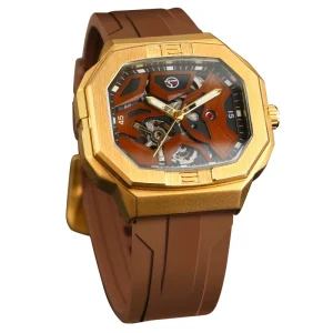 Luxury Square Skeleton Automatic Mechanical Watch with Alarm and Luminous Silicone Band for Men