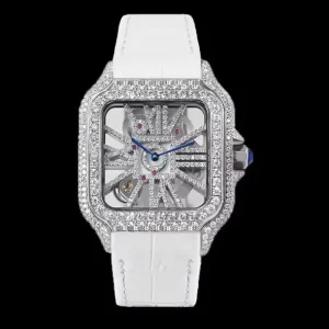 Luxury Square Skeleton Man Moissanite Watch Open Work Quartz Watch Stainless Steel Case Multi Color Leather Strap Hip Hop Watch