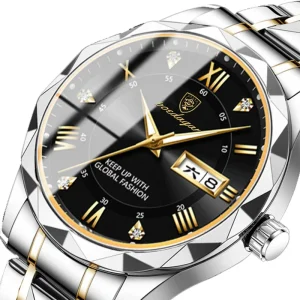 Luxury Stainless Steel Men’s Wristwatch Waterproof Luminous Date & Week Quartz Clock with Alloy Case Fashionable Business Watch