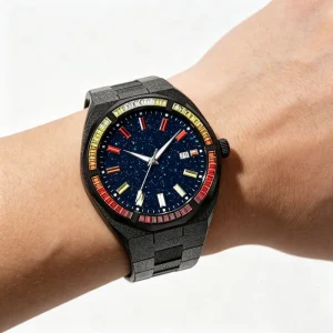 Luxury Stainless Steel Starry Sky Quartz Watch SEIKO Movement Blue Crystal Bezel 5ATM Waterproof Bling Dial Frosted Star Dust