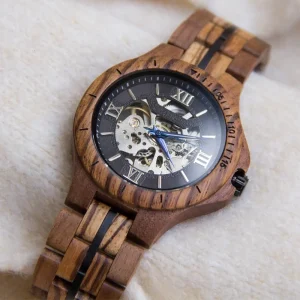 Luxury Style Men’s Wood Watch Multi function Wooden Automatic Mechanical See through Watch