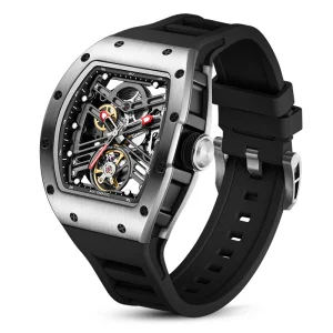 Luxury Tonneau Automatic Watch Men Sport Skeleton Mechanical Wristwatch Stainless Steel Silicone Band