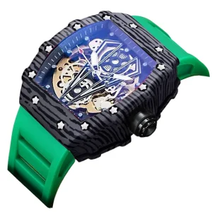 Luxury Tonneau Watch Fashion Men’s Sports Silicone Waterproof Hollow Out Luminous Mechanical Automatic Date Watch
