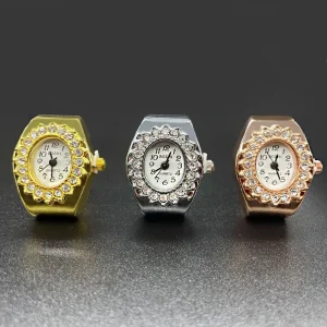 Luxury Triangle Ring Watch Rhinestone Alloy Gold Silver Quartz Stainless Steel Elastic Unisex Engagement Party Gift Bulk