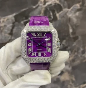 Luxury Unisex Fully Ice Out Purple Crocodile Leather Band 20mm Pointer Dial High Quality Automatic Real Moissanite Watch