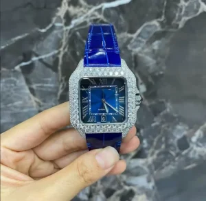 Luxury Unisex Fully Ice Royal Blue Crocodile Leather Automatic Real Moissanite Watch 20mm Pointer Zinc Alloy Case