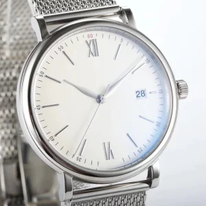 Luxury Unisex Sport Watch with White Dial Roman Numerals Silver Stainless Steel Mesh Band Mechanical Movement and Water Resistance
