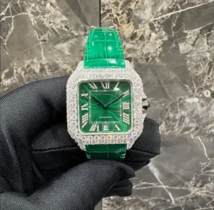 Luxury Unisex Style Fully Ice Out Green Leather Banding 20mm Pointer High Quality Automatic Real Moissanite Watch