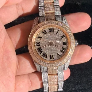 Luxury VVS Moissanite Diamond Men’s Watch Handcrafted Two Tone Sapphire Crystal Roman Numerals Bust Down Mechanical Watch