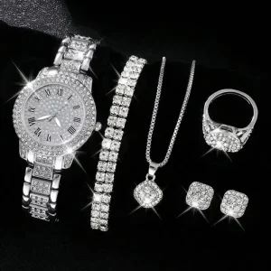 Luxury Valentines Day Gift Diamond Necklace Bracelet Earring Ring Set Inlaid Roman Quartz Watch Bracelet Jewelry Set