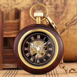 Luxury Vintage Self Winding Skeleton Pocket Watch with Open Face Red Wood Case Retro Automatic Watch with Chain for Mens Gift