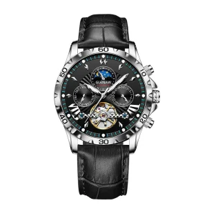 Luxury Waterproof Luminous Men Auto Mechanical Watch Hollow Moon Phase Multi Dial Business Casual Leather Wristwatch