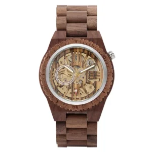 Luxury Waterproof Skeleton Walnut Wooden Wrist Watch Automatic Mechanical Wood Watch Men