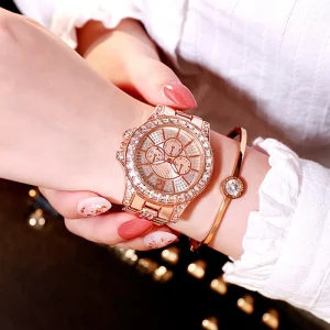 Luxury Women Alloy Chronograph Quartz Watch with Diamond Casual Bracelet