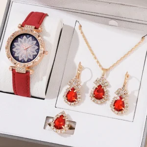 Luxury Women’s Four Piece Fashion Watch Rhinestone Frosted Belt Popular Watch Gift Jewelry Set