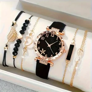 Luxury Women’s Quartz Watch Beaded Leather Bracelet 6Pcs Set 32mm Glass Dial Pointer 16mm Alloy Case Foreign Trade Box