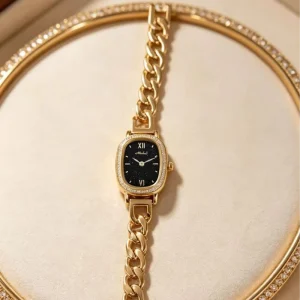 Luxury Women’s Quartz Watch Oval Black Starry Dial with Diamond Bezel Gold Plated Chain Bracelet Ladies Wristwatch
