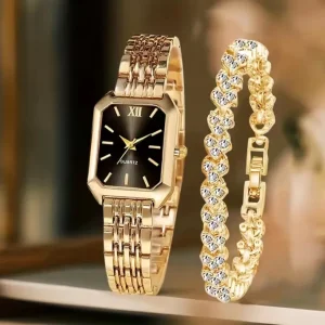 Luxury Women’s Quartz Watch with Alloy Bracelet Rectangle Case Modern Daily Style Two-piece Design Roman Numerals