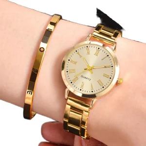 Luxury Women’s Quartz Watch with Alloy Case and Stainless Steel Bracelet Analog Dial Glass Crystal Charm Fashion Watch Set Box