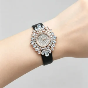 Luxury Women’s Round Dial Watch with Zircon Leather Band Buckle Custom OEM Factory Jewelry for Business