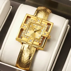 Luxury Women’s Square Quartz Watch Leather Strap Alloy Case Waterproof Analog Pointer Dial Watch for Daily Wear