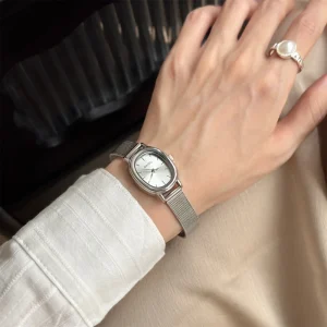 Luxury Women’s Stainless Steel Watch Small Dial Simple Elegant Temperament Quartz Movement Glass Dial Window Pointer Alloy Band