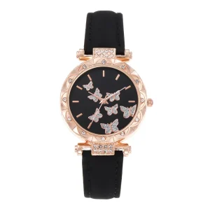 Luxury Wrist Watch for Women Simple Style Butterfly Dial Leather Strap Ladies Quartz Watches Gifts for Women