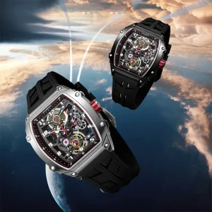 Luxury men automatic mechanical watch skeleton dial silicone band tonneau design waterproof luminous sport wristwatch