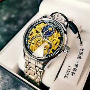 Luxury men’s business style diamond-studded skeleton tourbillon mechanical watch high-quality stainless steel automatic watch