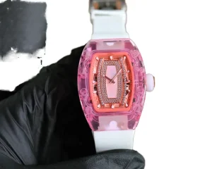 Luxury pink Transparent Sapphire Crystal Case White 20mm Rubber Watchband Unisex High Quality Mechanical Watch