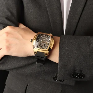 Luxury skeleton luminous golden men’s mechanical automatic watch, glass dial, SEIKO movement, tonneau case, 10 bar water resistance