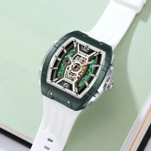 M033 Men’s Fashion Business Watch Luxury Gold Automatic Skeleton Mechanical Design Stainless Silicone Band Glass Mens