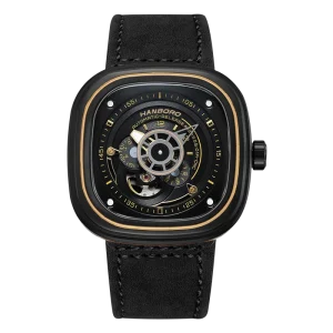 MIYOTA Shanghai Fully Automatic Men’s Luxury Square Stainless Steel Watch Leather Strap Folding Clasp Glass Dial