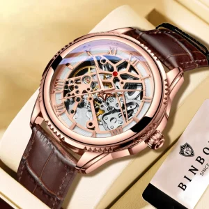 MOHDNE Automatic Mechanical Watch Genuine Leather Metal Case Wrist Watch Pointer Dial Luminous Waterproof Men’s Watch