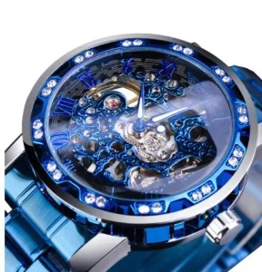 Manual Mechanical Wristwatch 614 with Diamond Dial and Steel Band Hollowed Out Bottom Men’s Watch